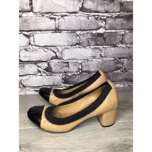 Tory Burch Tan Leather Black Patent Leather Block Heels Women’s Sz 8.5M US/39EU