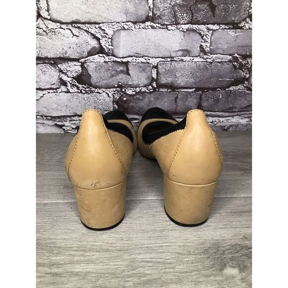 Tory Burch Tan Leather Black Patent Leather Block Heels Women’s Sz 8.5M US/39EU