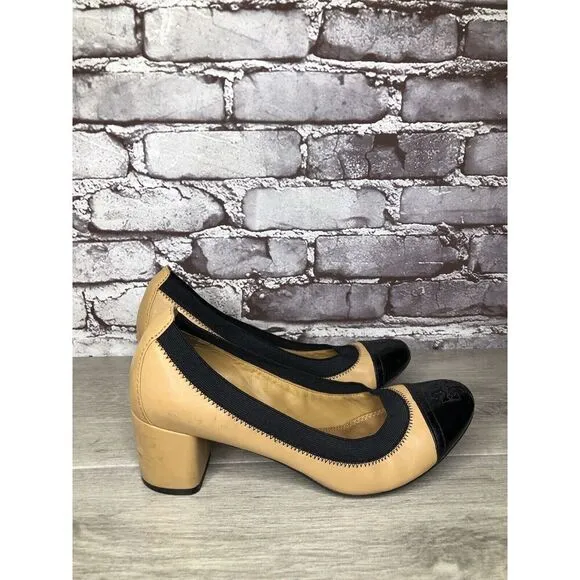 Tory Burch Tan Leather Black Patent Leather Block Heels Women’s Sz 8.5M US/39EU