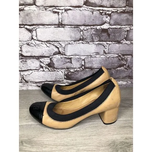 Tory Burch Tan Leather Black Patent Leather Block Heels Women’s Sz 8.5M US/39EU
