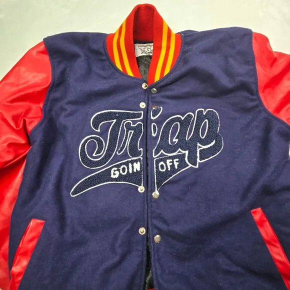 Trap Goin Off Varsity Jacket, Red, Blue, Yellow Men Sz Medium M