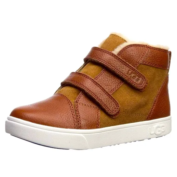 UGG Kids Leather suede caramel brown high top sneakers strap closure sz 11(boys)