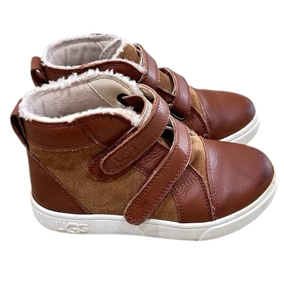 UGG Kids Leather suede caramel brown high top sneakers strap closure sz 11(boys)