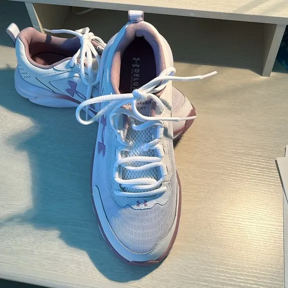 Under Armour Charged Assert 9 White and Pink Athletic Shoes with Breatha…