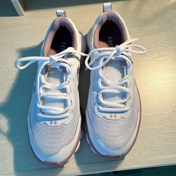 Under Armour Charged Assert 9 White and Pink Athletic Shoes with Breatha…