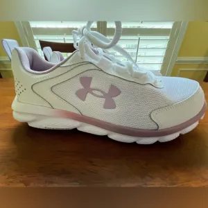 Under Armour Charged Assert 9 White and Pink Athletic Shoes with Breatha…