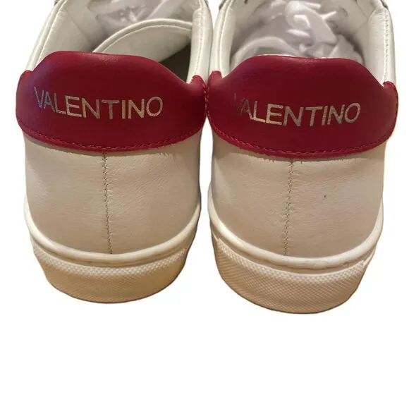 Valentino White Red Low Top Lace Up Sneakers Leather Italy Made Size 8.5