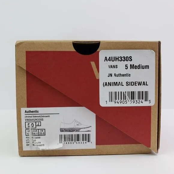 Vans Authentic Animal Sidewall Zebrawht Size 5Y Womens Sz 6.5 Low Sneaker Shoes