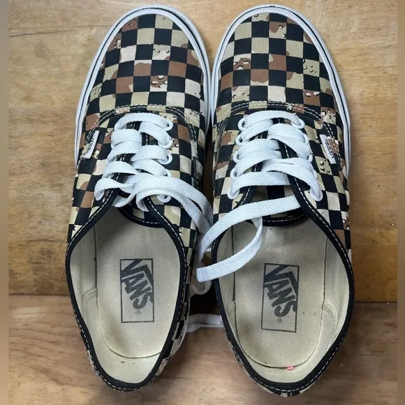 Vans Off The Wall Authentic Camo Checkerboard Womens Sz 9.5 Shoes Brown Tan