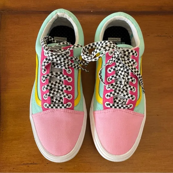 Vans Old Skool Custom Pastel Color Pink Yellow Low Top Checker Laces Mens Sz 9.5