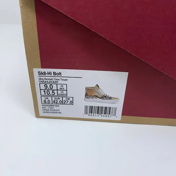 VANS Sk8-Hi Bolt Big Reveal Taos Taupe High Top Lace Up Men’s/Women’s Shoes New