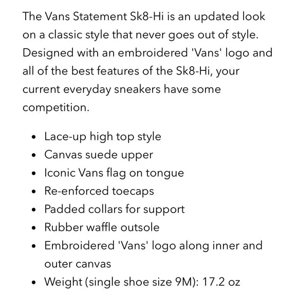 Vans Skate SB SK8 Statement Hi Top Sneaker Shoes MENS 11.5 New In Box Fast Ship