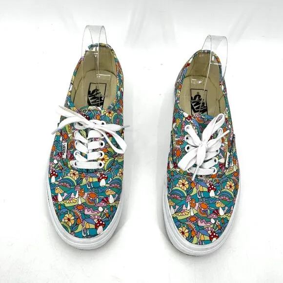 VANS Teal Blue Colorful Mushroom Print Low Top Sneaker Shoes Size M 9 / W 10.5