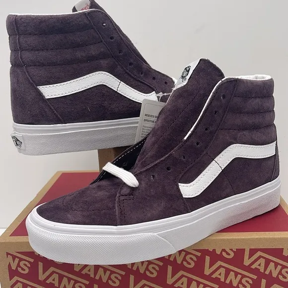 Vans WMNS High-Top Sneakers - Purple and White Sk8-HiPig Suede Wine Tasting