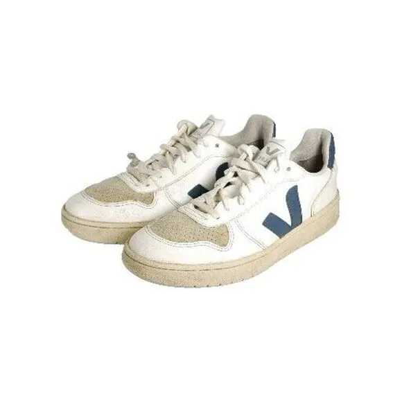 Veja Men's V-10 US 8,5 White Blue Leather Lace Up Low Top Sneakers Shoes