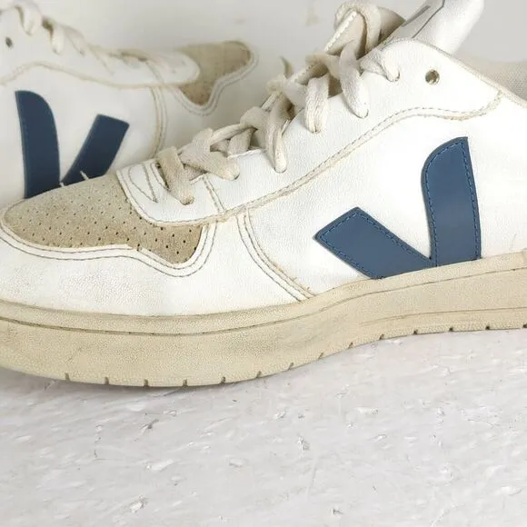 Veja Men's V-10 US 8,5 White Blue Leather Lace Up Low Top Sneakers Shoes