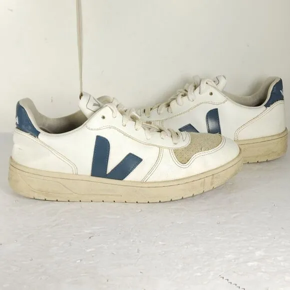 Veja Men's V-10 US 8,5 White Blue Leather Lace Up Low Top Sneakers Shoes