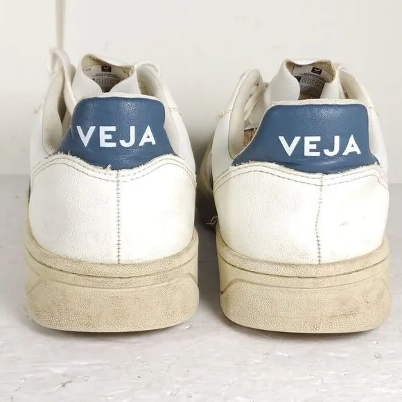 Veja Men's V-10 US 8,5 White Blue Leather Lace Up Low Top Sneakers Shoes