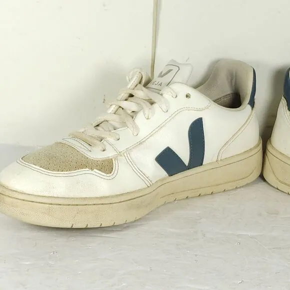 Veja Men's V-10 US 8,5 White Blue Leather Lace Up Low Top Sneakers Shoes