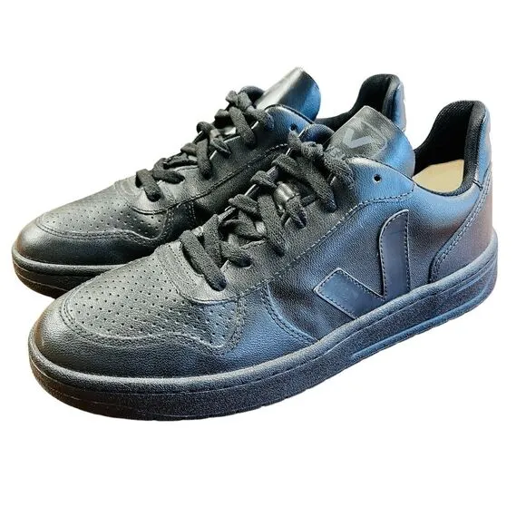 VEJA V-10 Black Leather Sneakers Shoes Lace Up Low Top Sz US 10 UK 8 EU 41