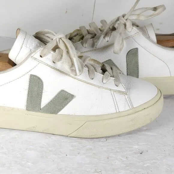 Veja Women's Esplar US 9 White Green Smooth Leather Low Top Sneakers Shoes