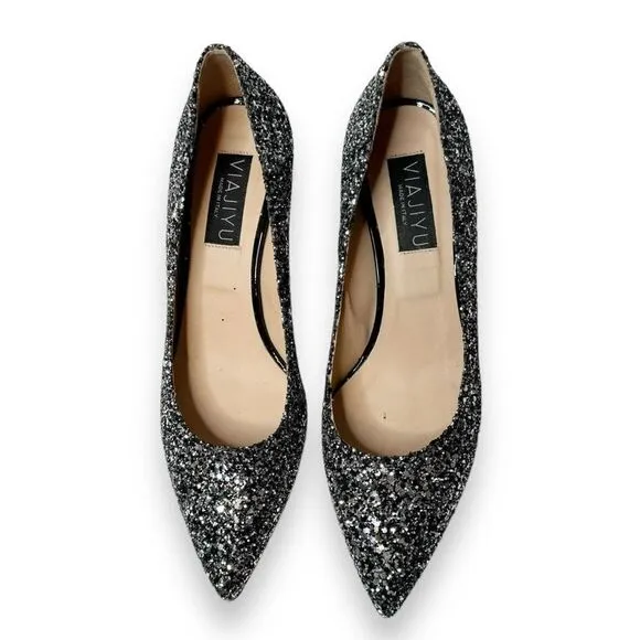 Viajiyu Trento Pointed Toe Pewter Silver Glitter Patent Black Wedge Size 37/6.5