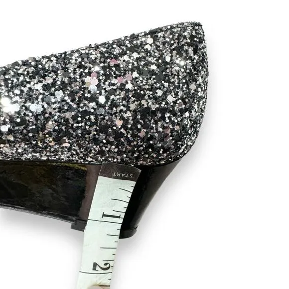 Viajiyu Trento Pointed Toe Pewter Silver Glitter Patent Black Wedge Size 37/6.5