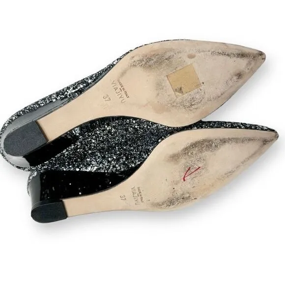 Viajiyu Trento Pointed Toe Pewter Silver Glitter Patent Black Wedge Size 37/6.5