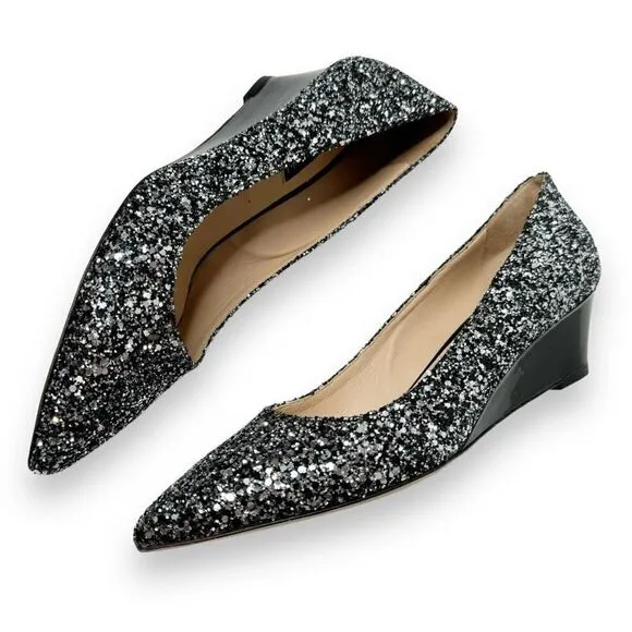 Viajiyu Trento Pointed Toe Pewter Silver Glitter Patent Black Wedge Size 37/6.5