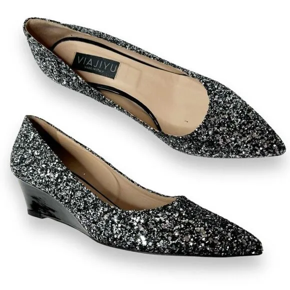 Viajiyu Trento Pointed Toe Pewter Silver Glitter Patent Black Wedge Size 37/6.5