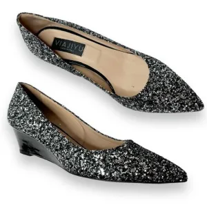 Viajiyu Trento Pointed Toe Pewter Silver Glitter Patent Black Wedge Size 37/6.5