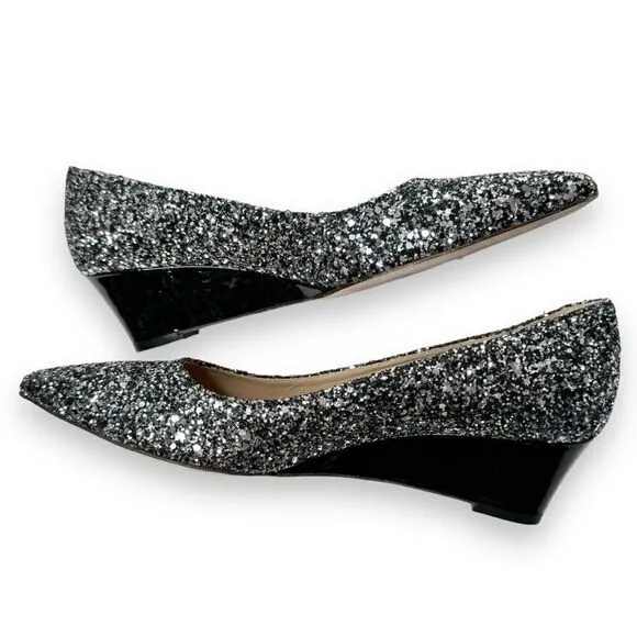 Viajiyu Trento Pointed Toe Pewter Silver Glitter Patent Black Wedge Size 37/6.5