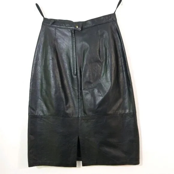 Vintage black leather high waisted pencil skirt S