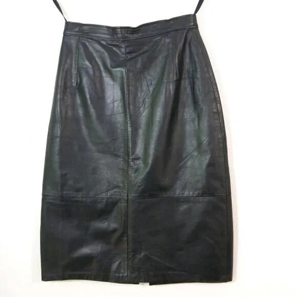 Vintage black leather high waisted pencil skirt S