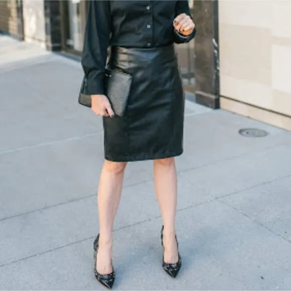 Vintage black leather high waisted pencil skirt S