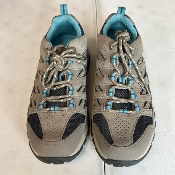 Women’s Columbia Crestwood Low Waterproof Hiking Shoe Size 7 Tan/Teal EUC