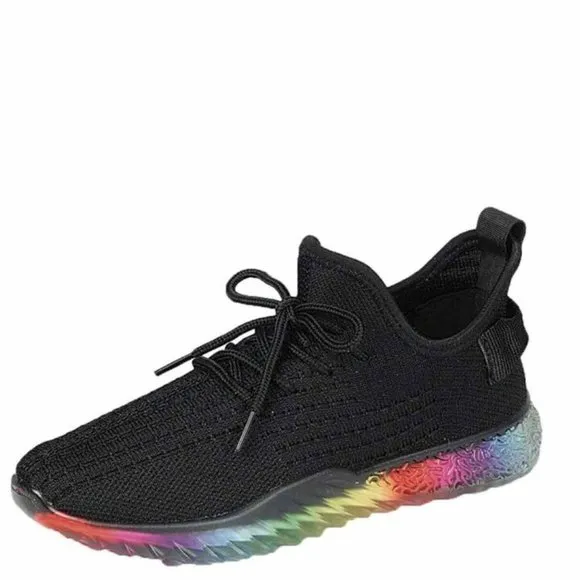 Women's Rainbow Sole Mesh Low Top lace Up Slip On Fashion Sneaker Shoes