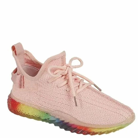 Women's Rainbow Sole Mesh Low Top lace Up Slip On Fashion Sneaker Shoes