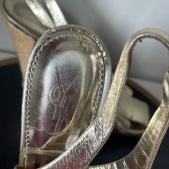 Yves Saint Laurent YSL Square Toe Gold Slingback High Heel Size 38 7.5 US
