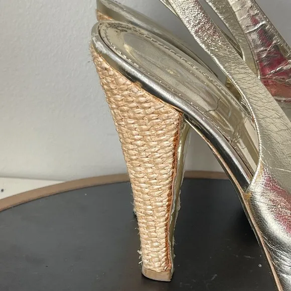 Yves Saint Laurent YSL Square Toe Gold Slingback High Heel Size 38 7.5 US