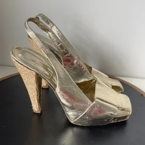 Yves Saint Laurent YSL Square Toe Gold Slingback High Heel Size 38 7.5 US
