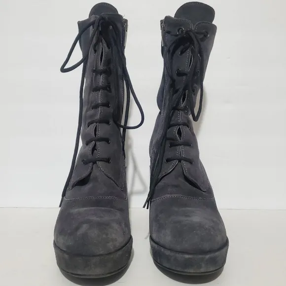 Zamagni Italian gray suede leather high heel platform calf lace up boots 8.5
