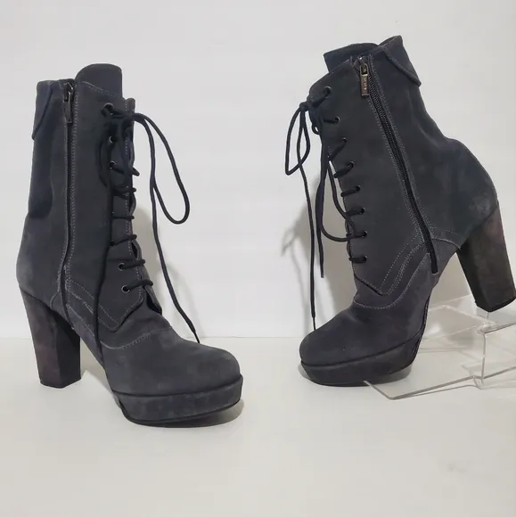 Zamagni Italian gray suede leather high heel platform calf lace up boots 8.5