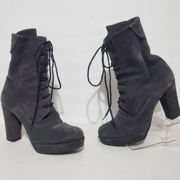 Zamagni Italian gray suede leather high heel platform calf lace up boots 8.5
