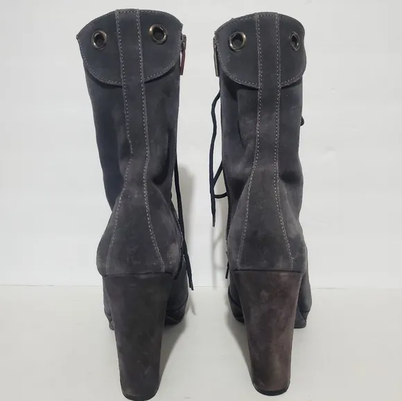 Zamagni Italian gray suede leather high heel platform calf lace up boots 8.5